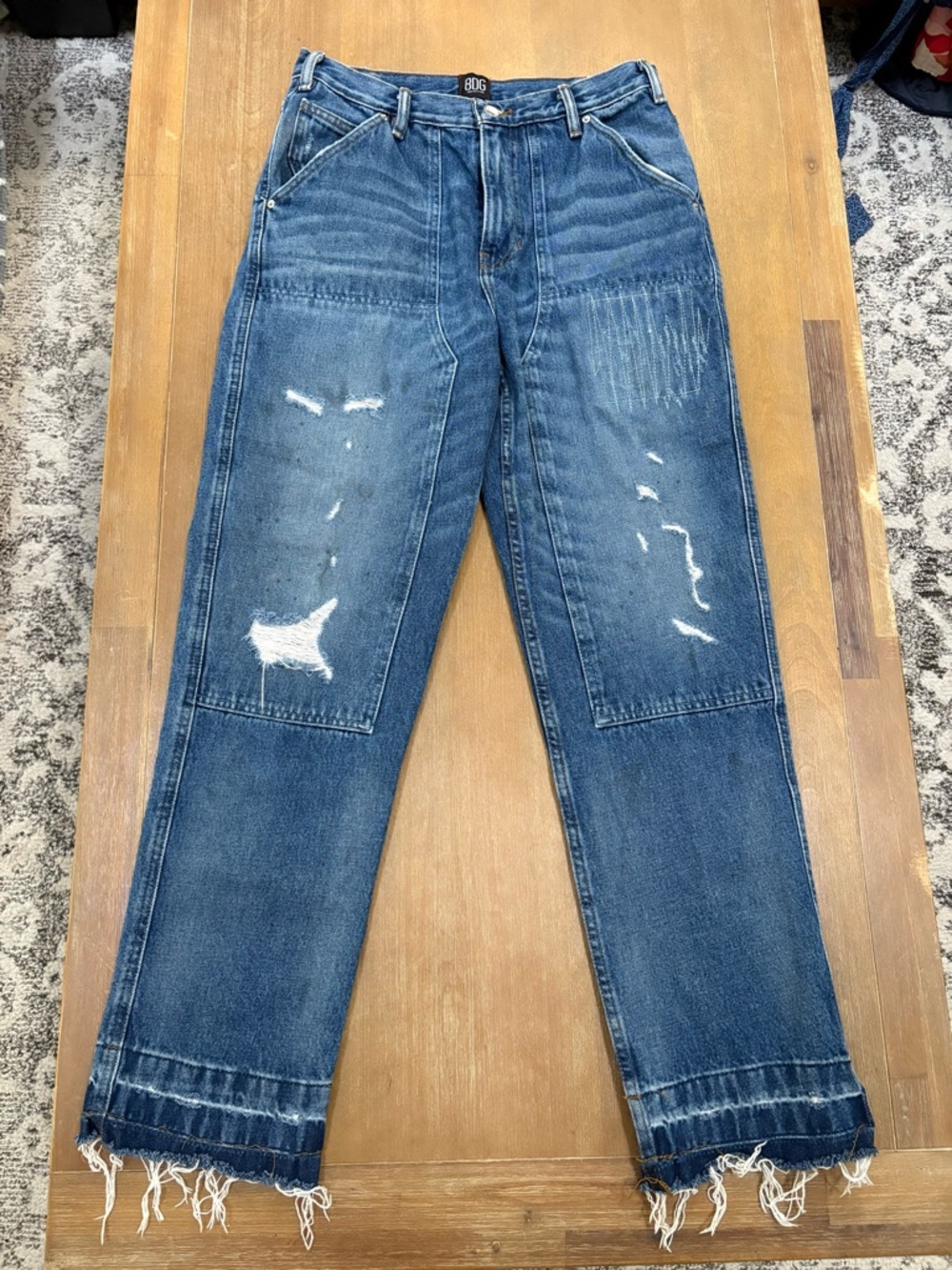 BDG Blue Distressed Boyfriend Jeans with Frayed Hem